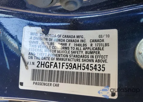 2010 Honda Civic Lx from USA, damaged, VIN 2HGFA1F59AH545435
